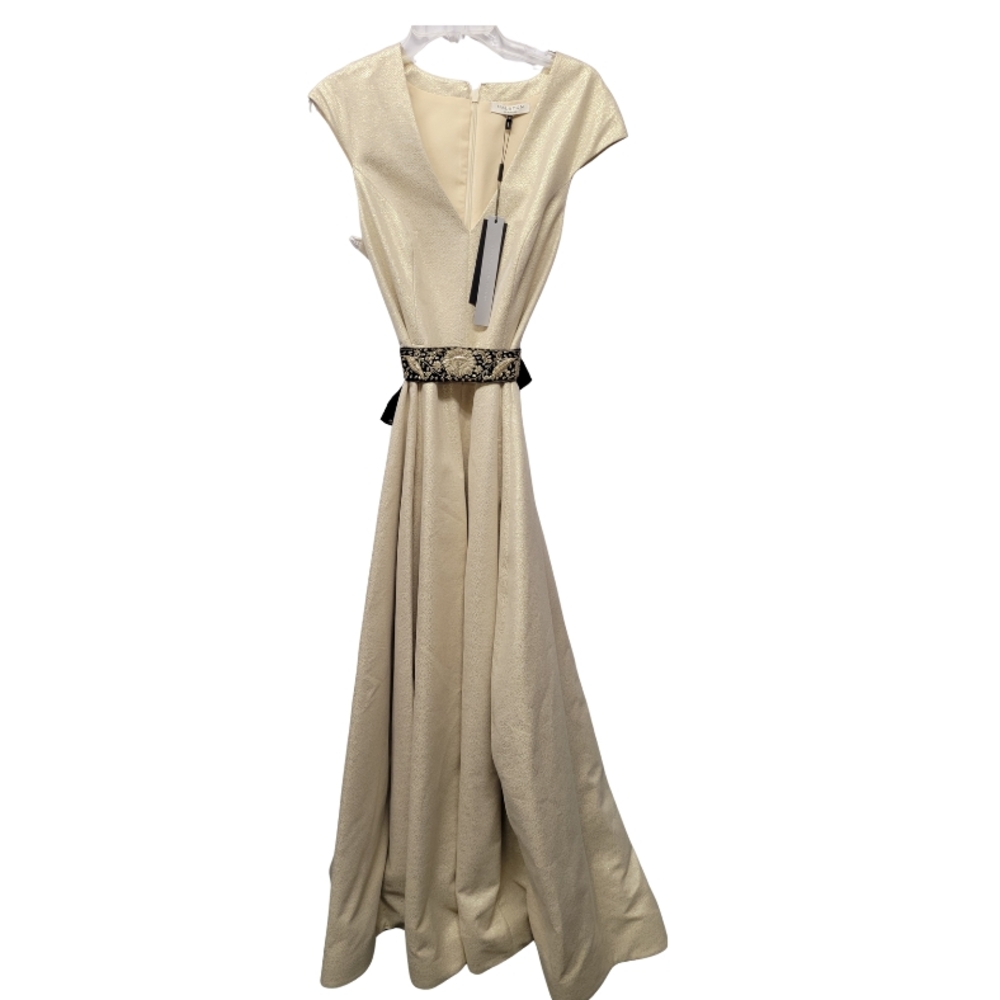 Halston Gold & Cream Formal Dress with Black Belt